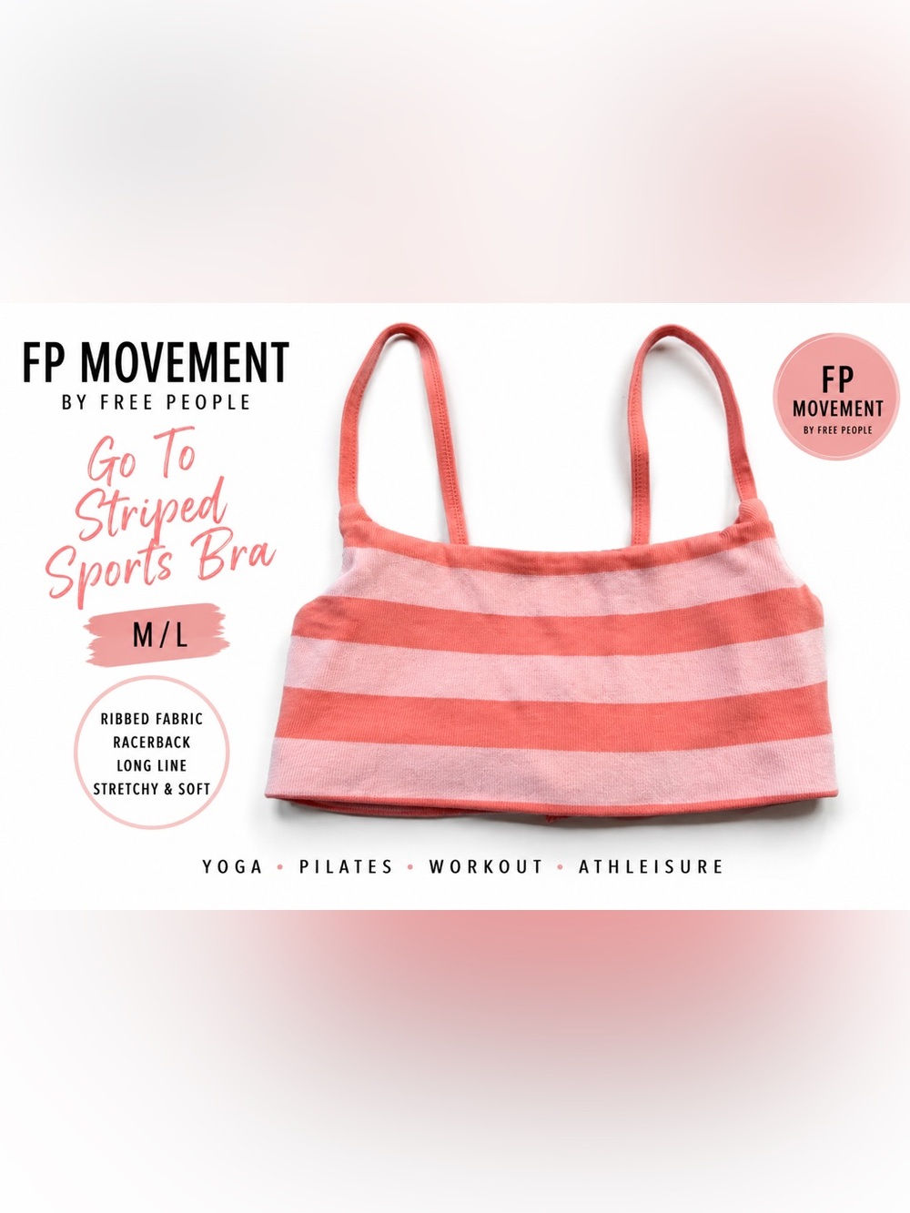 FP Movement Go To Striped Sports Bra M/L Coral Pink Ribbed Racerback